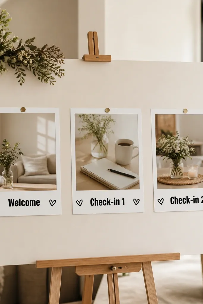 A large board with three Polaroid-style frames. Each frame has a printed label: "Welcome," "Check-in 1," and "Check-in 2," in bold black text with small hearts.