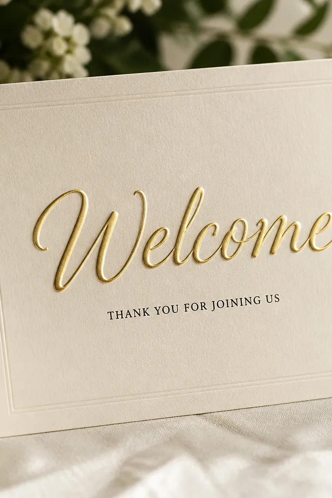 A thick cream cardstock sign with a gold-embossed effect. "Welcome" looks raised like foil emboss, with a small black line of text underneath.