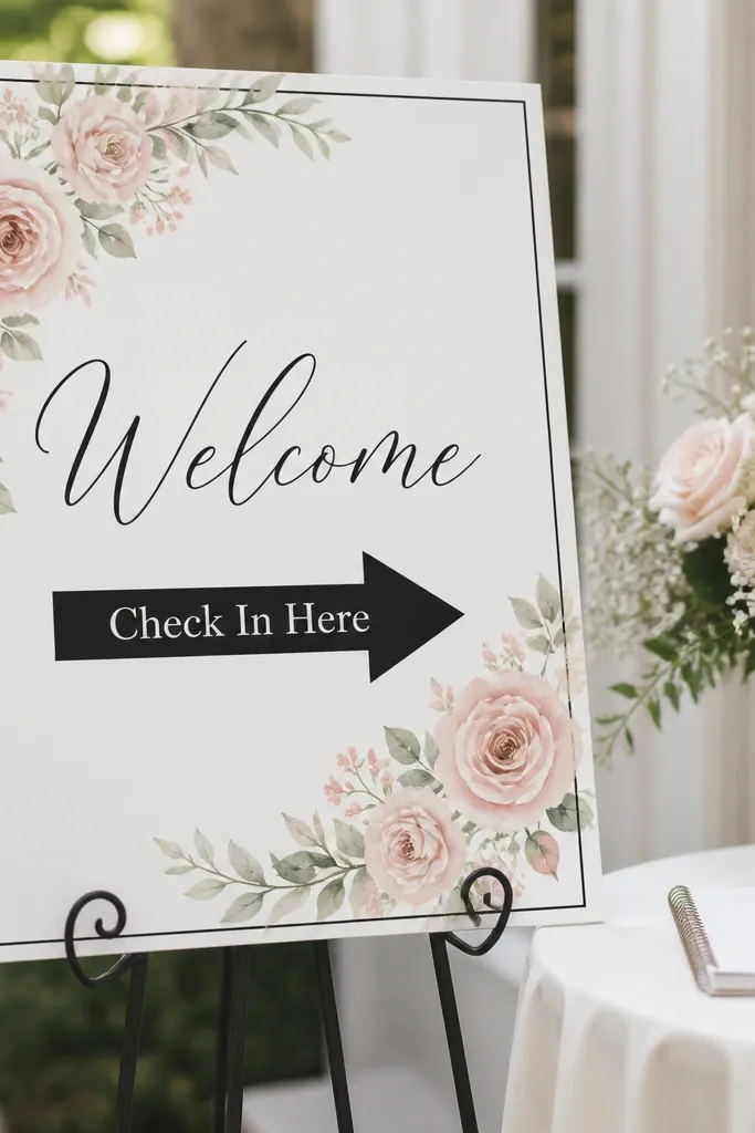 A sign with a blush floral corner design and a thin black border rectangle. "Welcome" is in black, and a bold arrow says "Check In Here" pointing toward the guest book table.