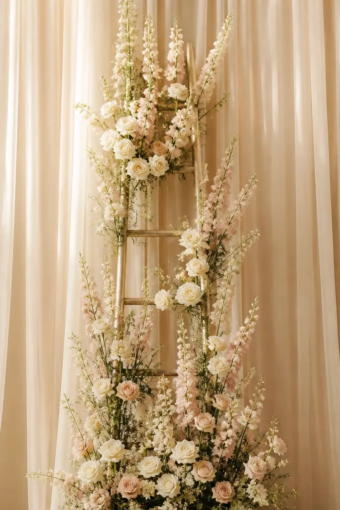A warm champagne sheer curtain backdrop pulled into soft vertical folds. In the center, a ladder-style arrangement of tall cream and blush stems climbs upward, with small white tea roses tucked along the rungs. Two slim gold candelabra sit at the bottom corners.