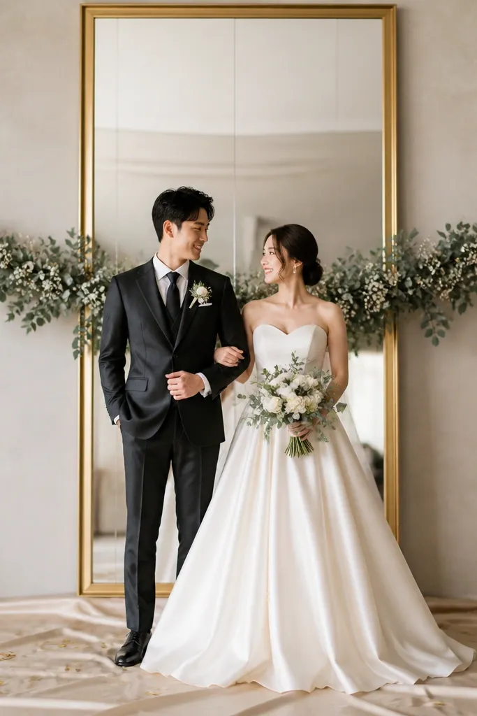 A tall mirrored panel with a brushed gold outer frame stands behind the couple. A soft eucalyptus garland wraps horizontally across the mirror at mid-height, with tiny white flowers tucked along the curve. The stage floor has a champagne satin cloth and a few scattered gold leaf confetti dots.