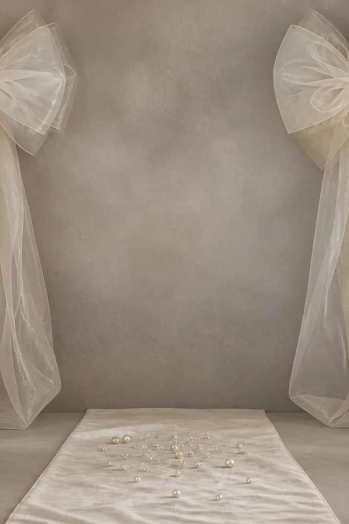 A warm-gray fabric backdrop with two large silk organza bow shapes at the top corners. The bows are semi-sheer, with champagne and ivory layers visible. The stage has a simple ivory runner and scattered pearls near the center.