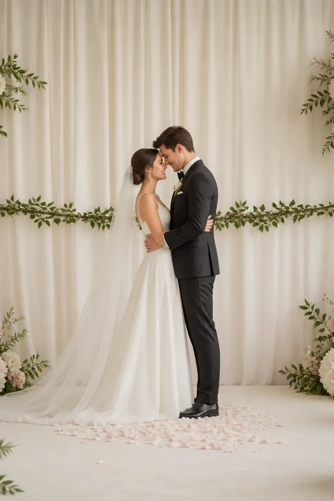 Four dense floral clusters sit in the stage corners: peonies and hydrangeas in white and soft pink with leafy greens. The center behind the couple is mostly clear except for a thin garland line at shoulder height. The floor has a clean ivory runner with a small petal scatter only near the center.