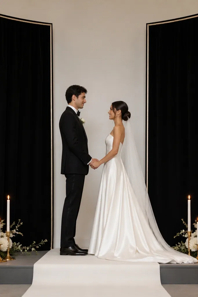 Two tall velvet panels in deep black frame the stage behind the couple. Ivory satin piping outlines the edges. Brass candle stands with white candles sit in front, and a small ivory runner covers the stage center.
