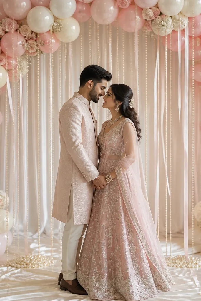 A pastel balloon arch in blush, cream, and light pink sits behind the couple. Pearl strands hang vertically in front, with thin silk ribbons flowing down from the arch. The stage has a satin ivory floor covering and small pearl clusters near the center.