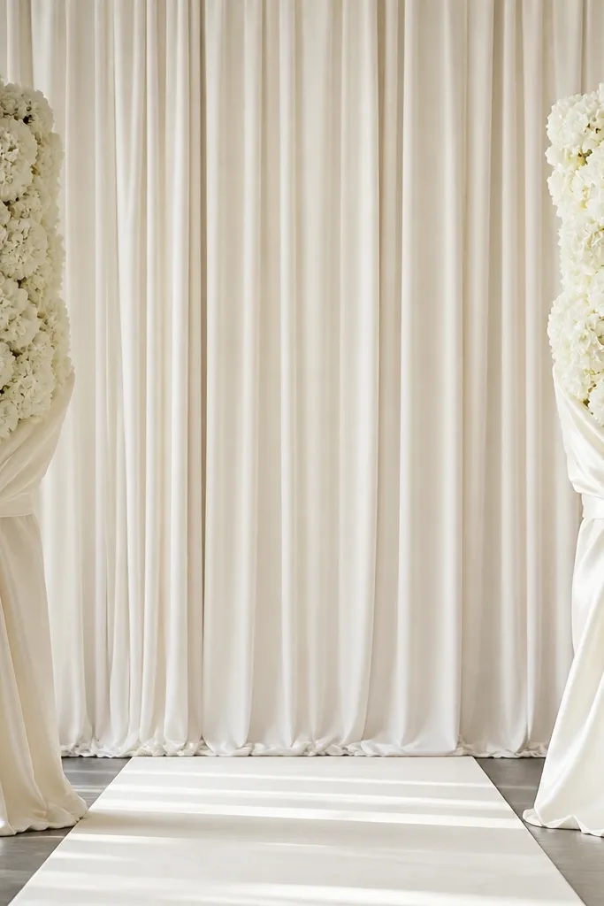 Two tall hydrangea columns made of white blooms stand on either side of the stage. Each column has satin ribbon ties in ivory wrapped around the lower half, creating gentle vertical folds. The backdrop behind is simple fabric, and the floor has a clean ivory runner.