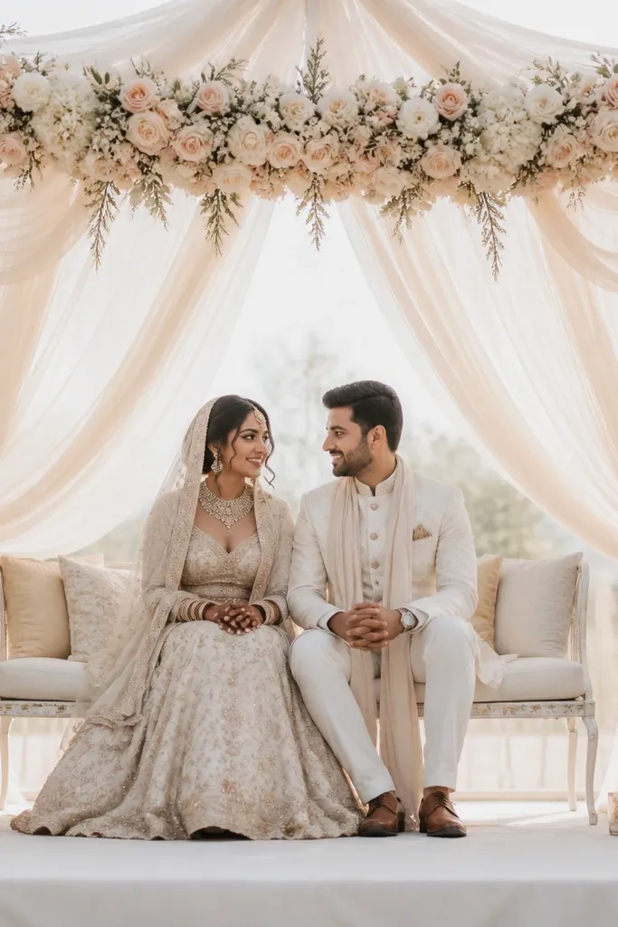 A light tulle canopy hangs above the couple like a gentle tent, draping in airy folds. A floral swag runs across the front edge of the canopy with white and pale blush flowers. The stage floor is covered in ivory fabric with a few small candle holders.