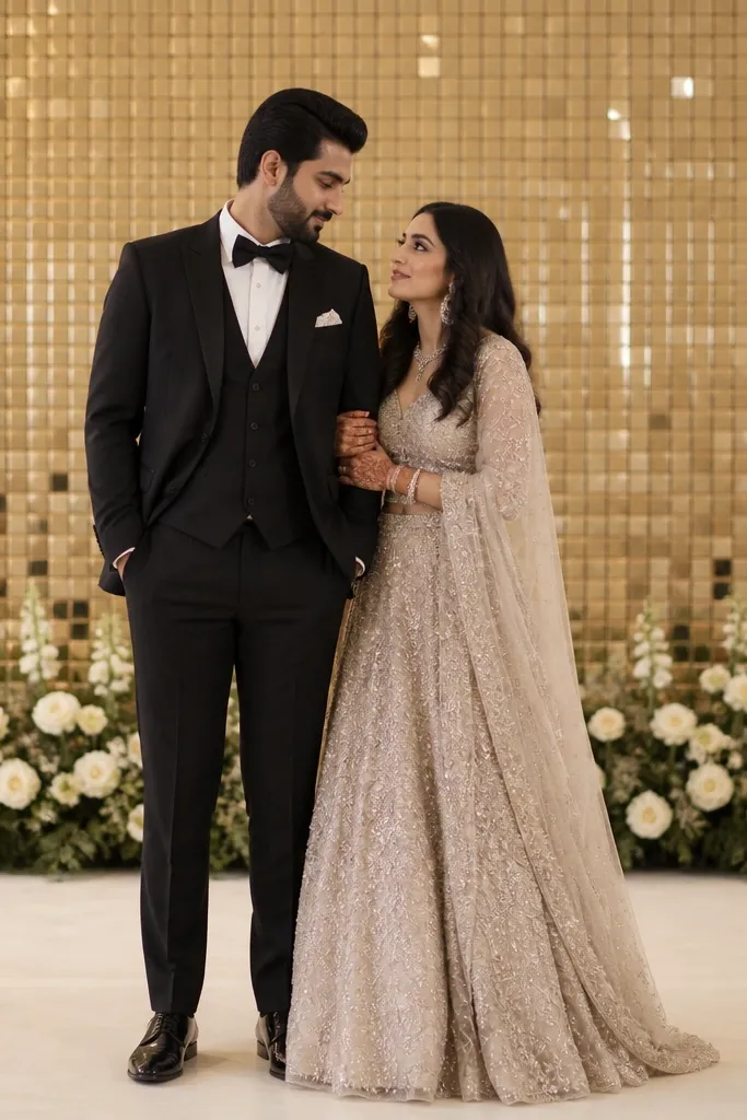 A backdrop made of small gold mirror tiles arranged in a grid behind the couple. At the bottom edge, ivory roses and greenery sit in a low row like a border. The stage floor has a matte ivory cloth so the mirrors don't bounce too much light.