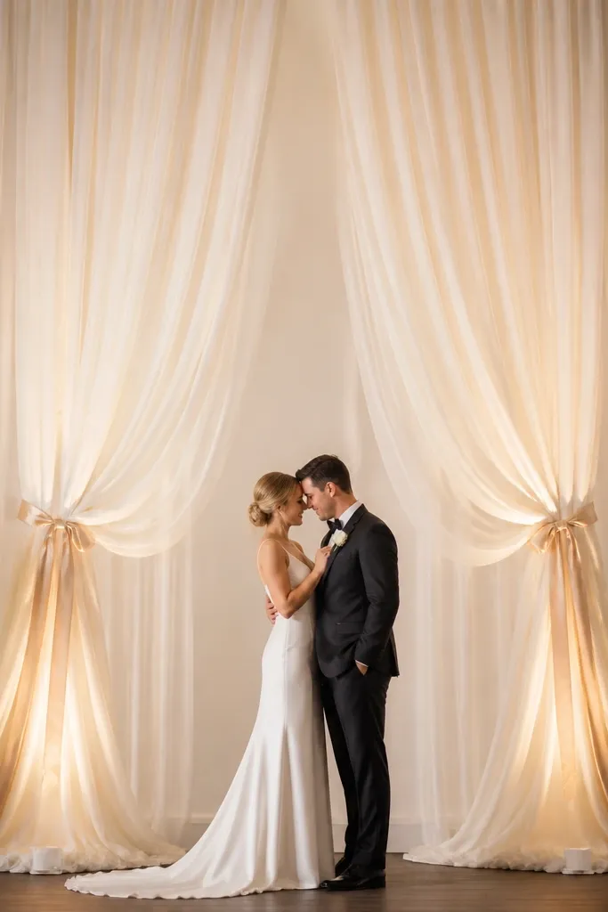 A tall stage backdrop made of flowing ivory chiffon panels. They hang in soft vertical folds behind the couple, with champagne satin ribbons tied back at shoulder height, creating gentle swags. Two warm white uplights wash the fabric, and the center area stays open.