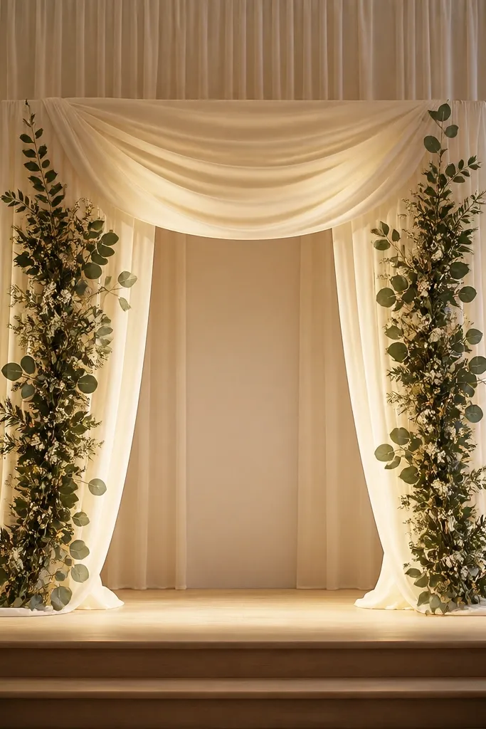 A stage center shaped like a doorway made from layered cream fabric. There are two vertical columns of eucalyptus and ruscus running down the left and right sides, with small white blooms tucked lightly. Warm spotlighting hits the fabric portal, leaving the middle open.