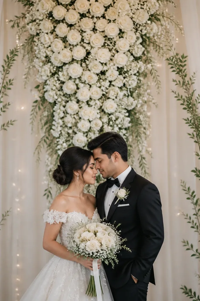 A long waterfall garland of white roses and baby's breath hangs from the top center behind the couple, cascading downward in layers. The sides have clean greenery stems without heavy blooms. Soft white lights create a gentle glow.