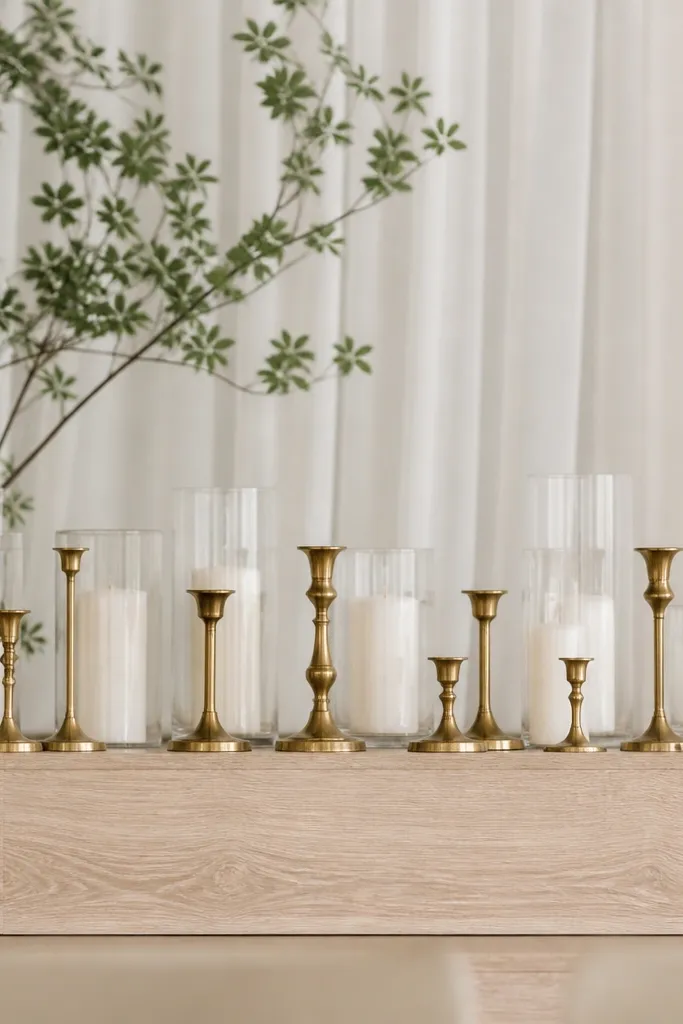 A row of brushed brass candle holders lines the front edge of the stage. Clear glass hurricane candle containers sit behind them, creating a layered horizon. The backdrop is a simple white drape with a few greenery stems.