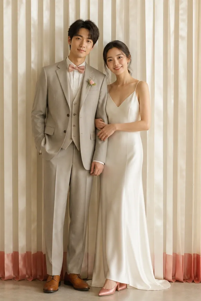 A satin ribbon curtain in cream forms vertical stripes behind the couple. Near the base, a single accent ribbon color is repeated on both sides. The couple's shoes are visible at the front, and the accent matches the stage ribbon.