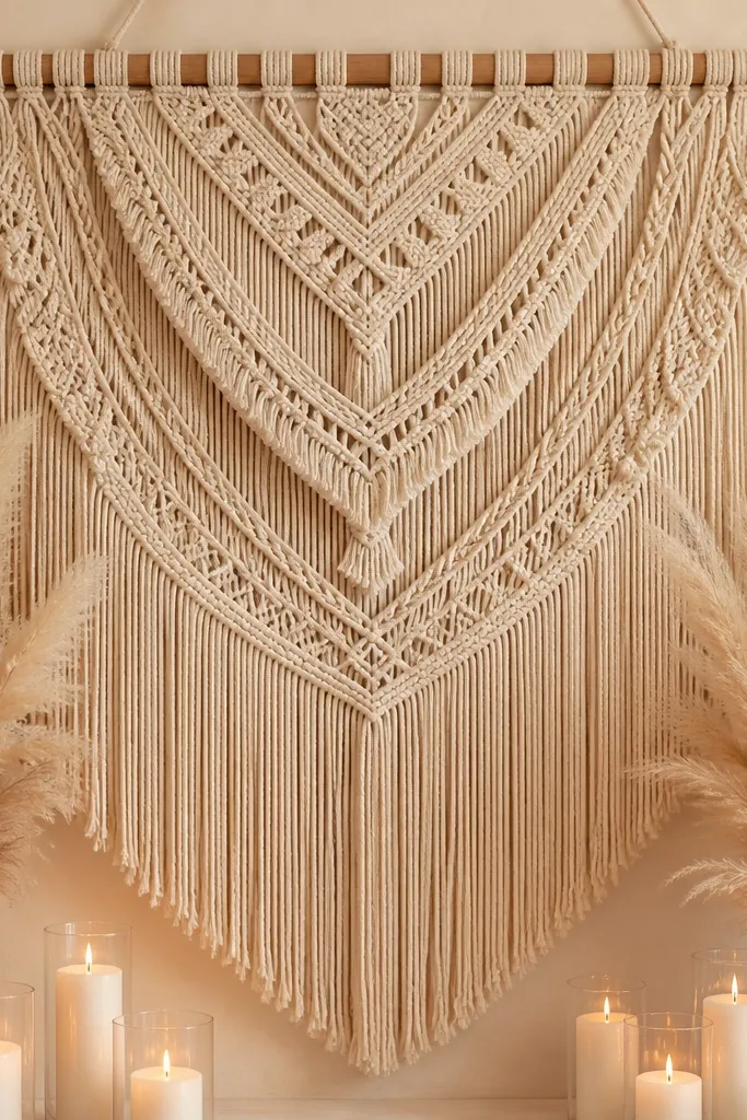 A large cream macramé wall hanging covers most of the backdrop. Two pampas bunches sit at the bottom left and right, and white pillar candles in glass sit along the front edge. The lighting is warm and soft.