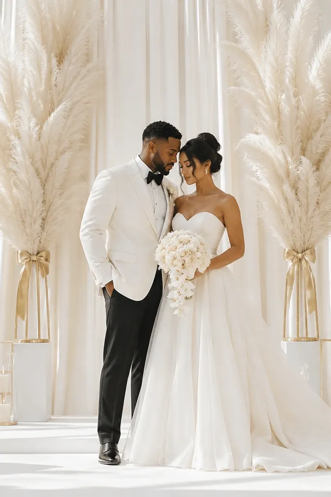 Tall feather fan arrangements stand behind the couple like vertical sails, with ivory linen draped panels. Small gold accents appear as ribbon and candle hardware. The stage is bright and minimal.