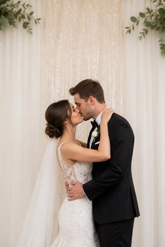 A vertical champagne sequin panel runs down the center behind the couple. A sheer ivory overlay sits over it, softening the sparkle. Two side greenery sprigs frame the panel near the top corners.