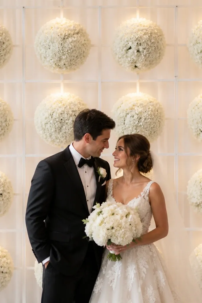 A grid-like frame holds multiple round clusters of white hydrangea pom-poms arranged in a balanced pattern behind the couple. The background is a pale fabric. The clusters are evenly spaced, and warm lights highlight each ball shape.