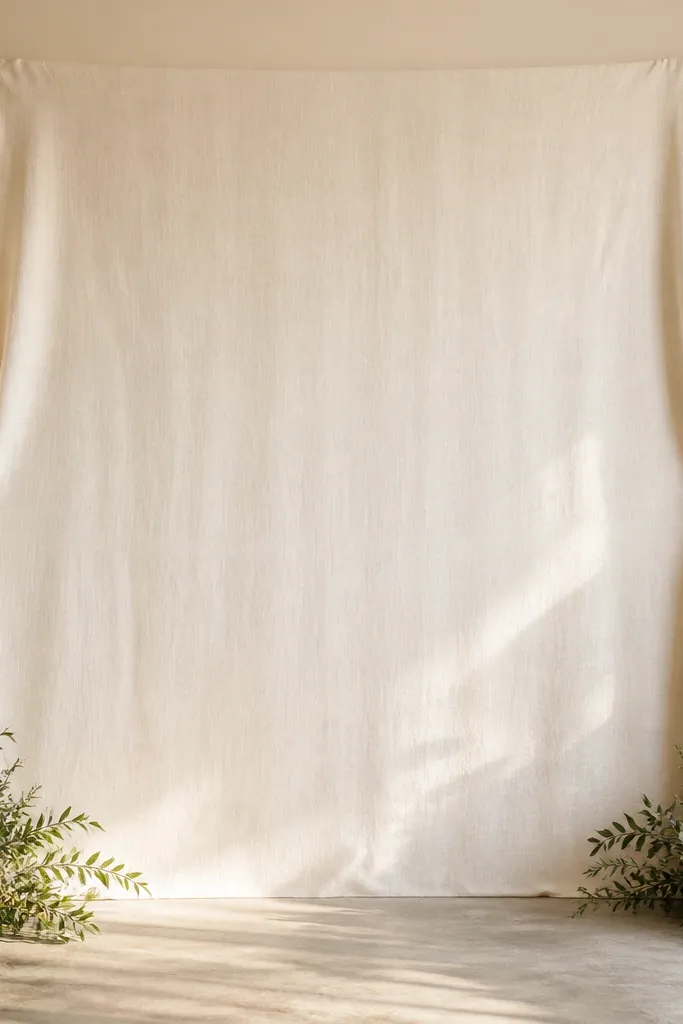 A single ivory linen panel spans the backdrop. It has neat tie-back knots on both sides, with small brass hooks holding the fabric in place. Brass candle holders and greenery sit at the front corners.