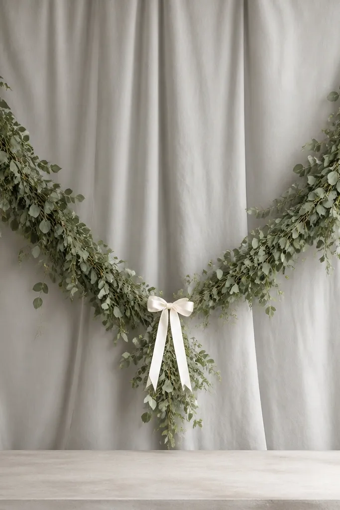 Two long eucalyptus swags hang diagonally from the top corners toward the center. White ribbon bows tie at the center points, and the backdrop behind is a pale grey fabric. The stage uses a calm, neutral palette.