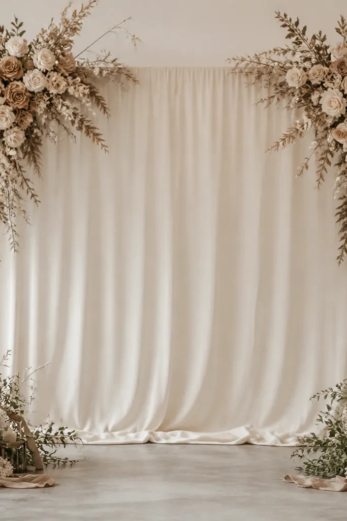 The center backdrop is mostly plain fabric. On both top corners are neutral monochrome floral arrangements in taupe, cream, and soft browns. The front corners have matching low greenery and ribbon accents.