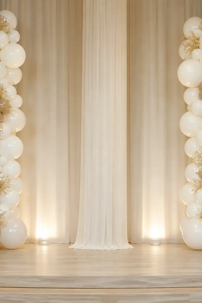 At the stage sides, two-tone balloon columns sit on each side. Between them, a tall fabric column in off-white stands at center. Small gold confetti-like accents appear on the balloon cluster edges, and warm lights glow behind.