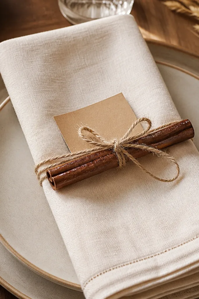 Cream linen napkins folded with a cinnamon stick tied across the front using oat twine, and a small kraft place card tucked under the twine. Warm table lighting makes the cinnamon look darker and glossy.
