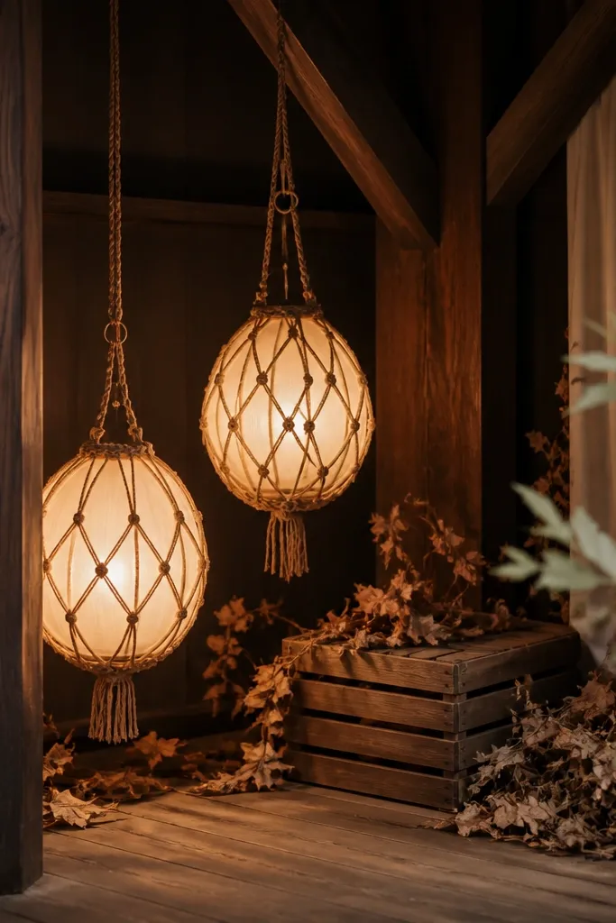 Corner of a venue with two warm white hanging lanterns wrapped in a macrame-like rope pattern, surrounded by small piles of dried leaves and a low wooden crate. Lighting glows amber against dark wood beams.
