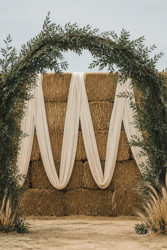 A hay bale wall in the background with thick cream ribbon draped in vertical loops, plus a small arrangement of dried wheat at the base. In front, a simple arch of dark green branches frames the couple area.
