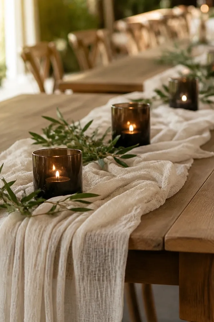 Tables with layered cheesecloth runners in cream, espresso-colored candle cups sitting on top, and small sprigs of dark green tucked along the runner edges.