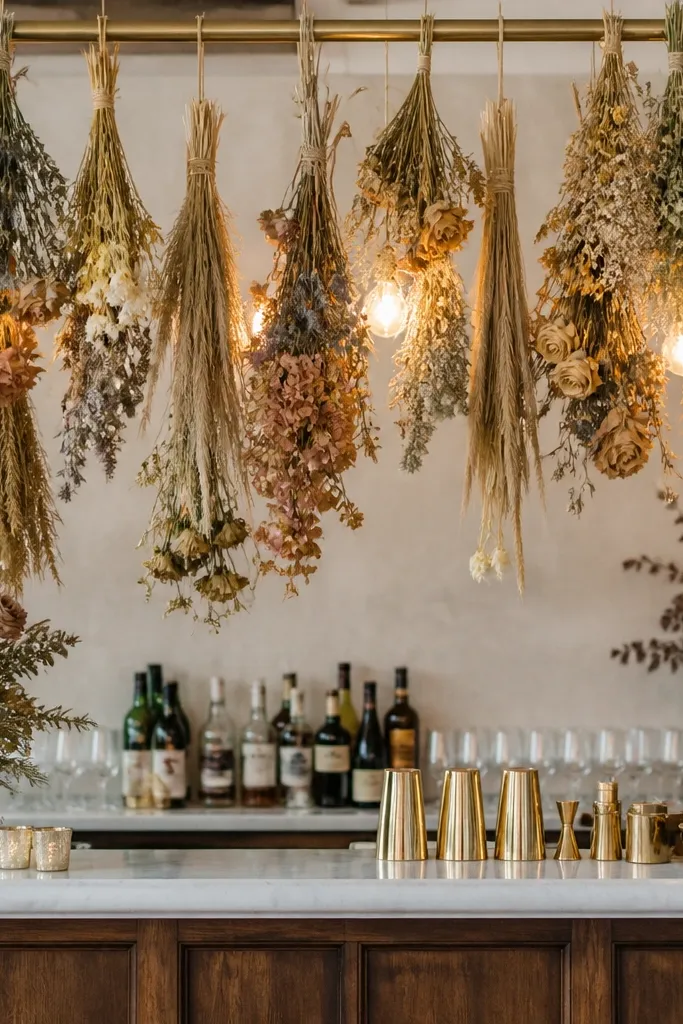 Above the bar, hanging swags of dried flowers and wheat attached to a gold-toned rod, with warm bulbs glowing behind. The swags hang at staggered lengths for depth.