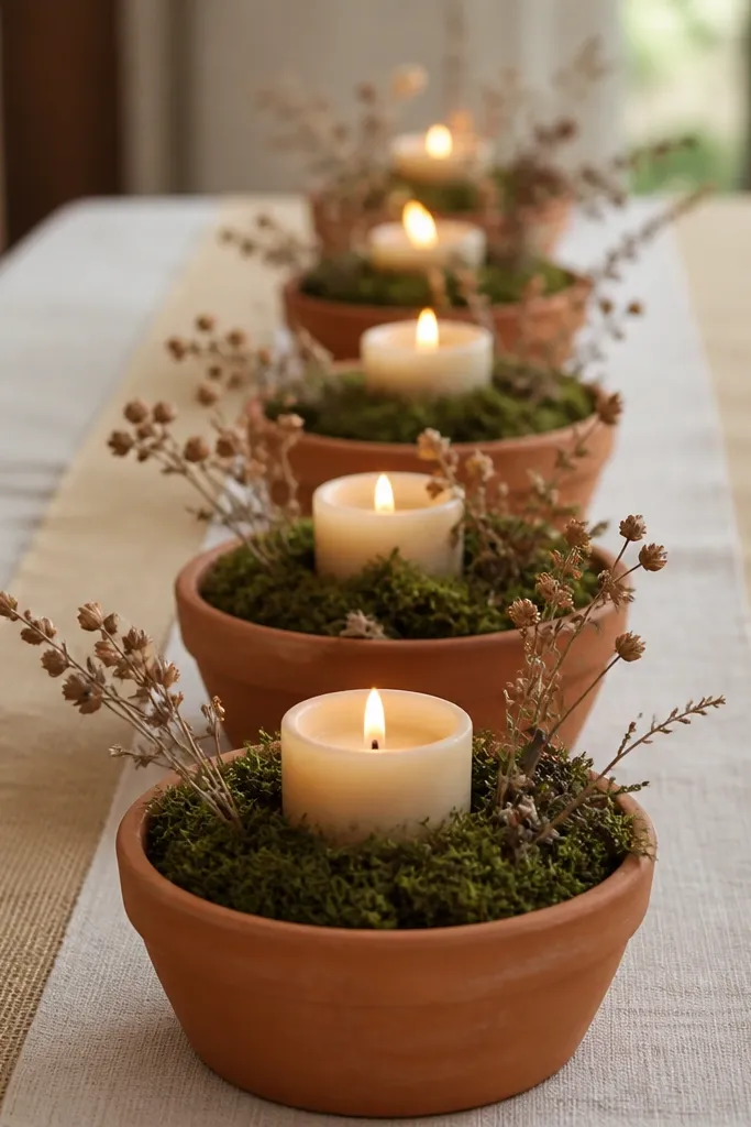 Terracotta planters arranged down a table, each filled with moss and topped with candles and small dried stems. The planters sit on oat cloth with a burlap border.