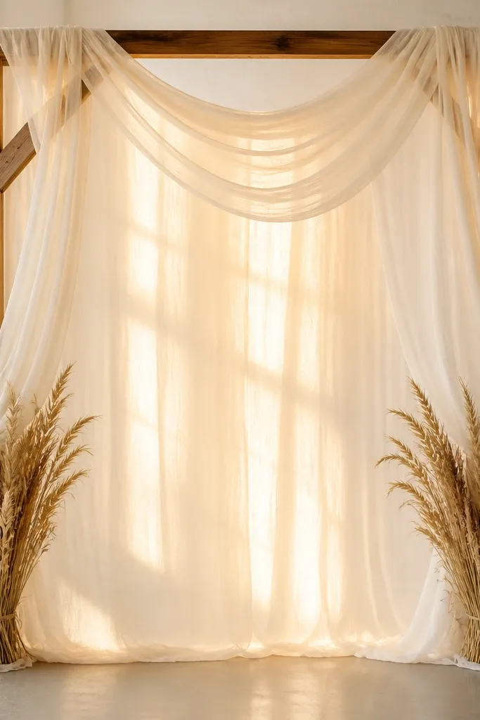 A ceremony or sweetheart backdrop with cream sheer fabric draped over a simple wood frame, with dried wheat bundles tucked into the bottom corners. Warm light glows through the sheer.