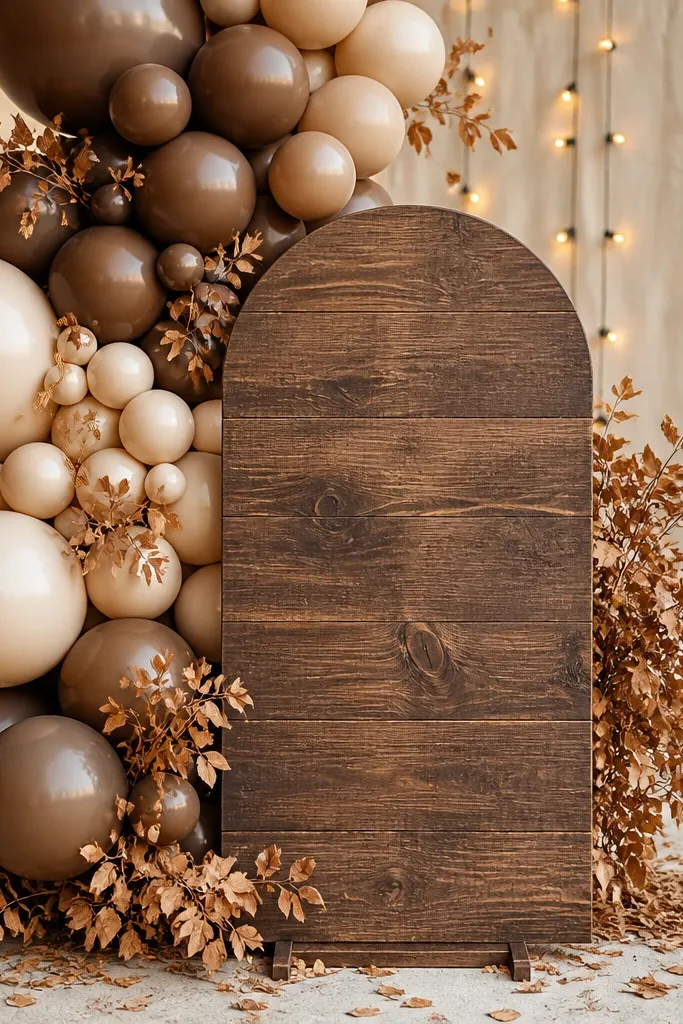 Balloon clusters in espresso and oat tones beside a wooden sign, with dried leaf confetti tucked around the base and warm string lights behind.