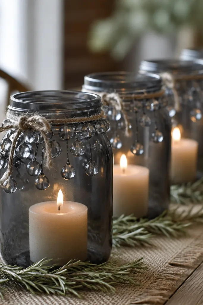 A row of dark charcoal mason jars on a long wooden table, each jar holding a short pillar candle. Around the rim and gathered through twine are smoke-gray glass beads that catch light like tiny raindrops. The jars sit on rough burlap and a few sprigs of dusty rosemary peek out from beneath.