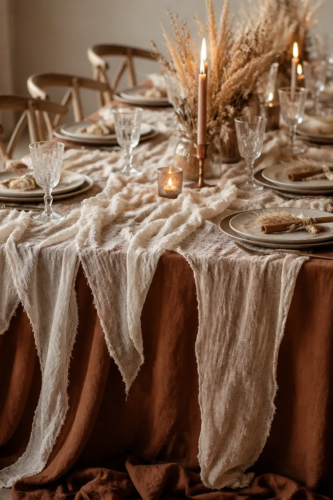 A long dining table covered in burnt umber fabric. Over it, cream cheesecloth is hand-torn into uneven strips and layered so it drapes and pools slightly at the edges. Small clusters of dried wheat and one cinnamon stick per place setting sit on top, with warm candle glow reflecting off the fabric folds.