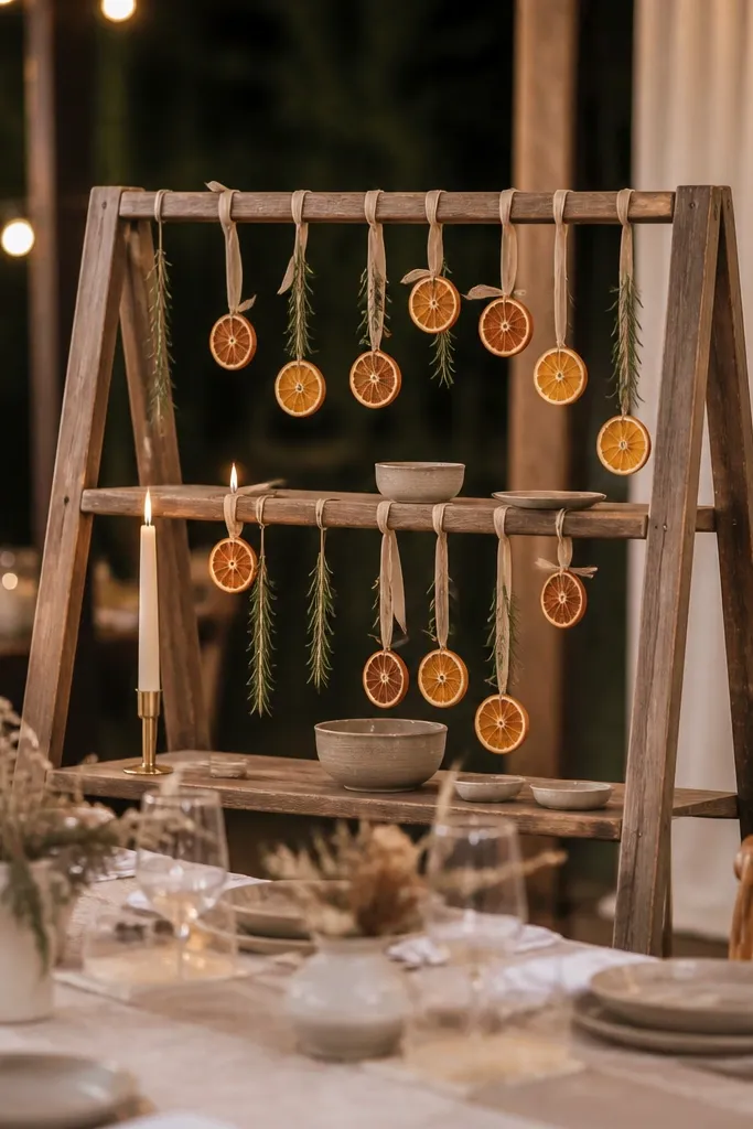 A small rustic wooden ladder set up behind the head table. From the ladder rungs hang dried orange slices tied with oat ribbon tags, plus a few sprigs of rosemary. The shelf holds a few low ceramic bowls and taper candles, while the hanging pieces sway slightly under warm string lights.