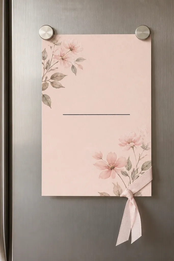 A 5x7 save the date card with a soft blush background and deep charcoal date line, clipped to the side of a stainless steel fridge using two small magnets. The card sits straight, with a narrow ribbon bookmark tied around the bottom corner.