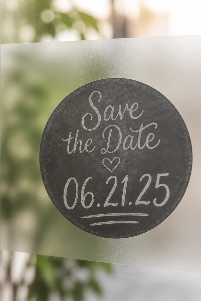 A chalkboard-style save the date sticker with faux white chalk lettering, applied to a frosted glass panel. There's a small heart doodle and the date is written in larger script.