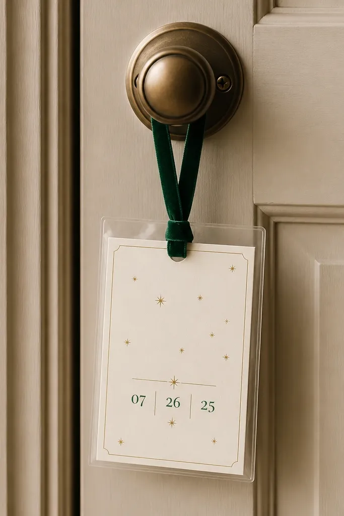 A small velvet ribbon loop hanging from a door knob, holding a mini save the date card in a clear sleeve. The card shows a cream background with a deep green date line and tiny gold stars.
