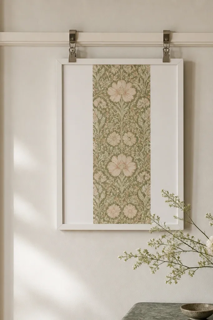 A save the date printed on a strip of wallpaper pattern backed by a simple white frame. The frame is held with removable clips on a wall-mounted picture rail, not tape.