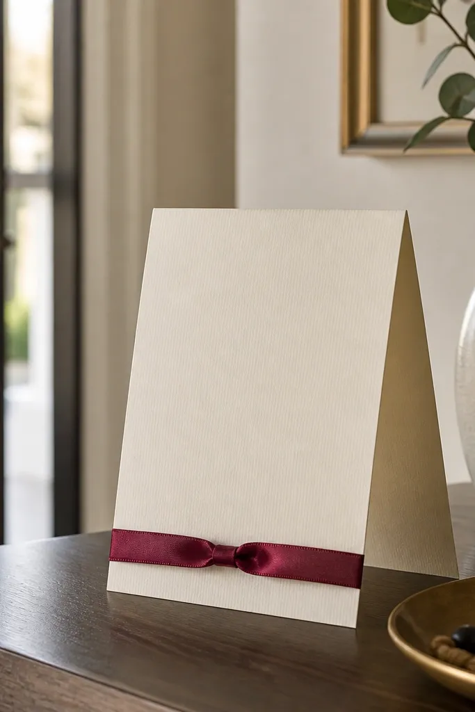 A table tent shaped like a menu card, with a cream background and a deep burgundy date line. A thin satin ribbon wraps around the base, and the tent stands on a dining side table near the entry.
