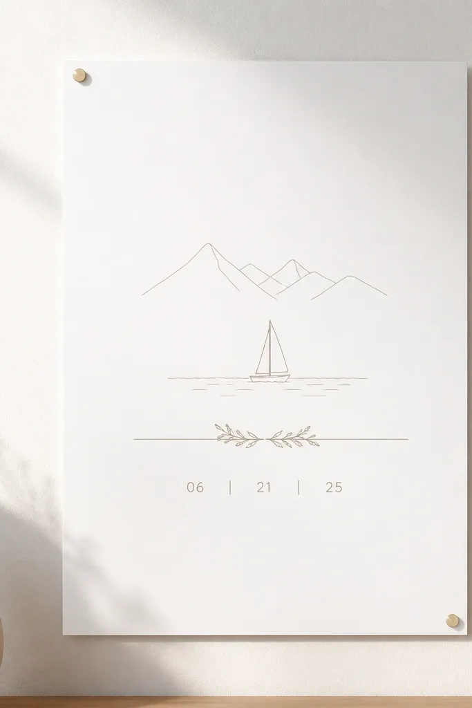 A minimalist save the date poster with lots of white space, thin line-art icons, and the date in a clean sans-serif. It's mounted on a wall using two small corner removable mounts, leaving the center flat.