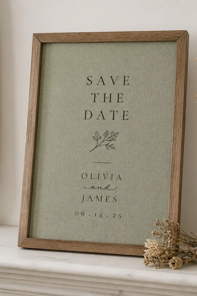A freestanding wood frame holding a save the date printed over soft fabric. The fabric is sage green linen, and the typography is in dark charcoal. The frame sits on a mantel with a small dried flower bundle nearby.