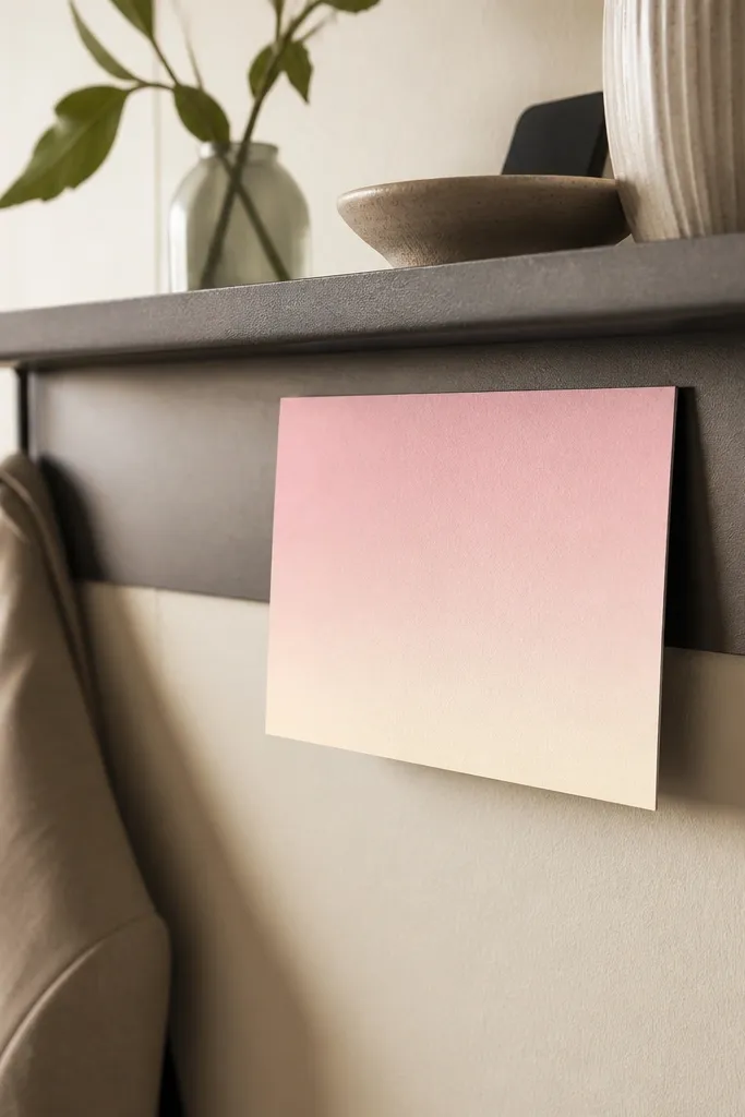 A save the date card attached to a metal entry shelf using a long magnetic strip. The card is aligned with the shelf lip and has a soft gradient background from pale pink to cream.