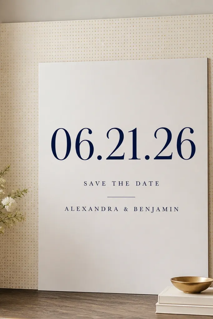 A removable wallpaper panel behind a large oversized save the date card. The wallpaper has tiny cream-and-gold dots, and the card has a bold navy date line with smaller names below.