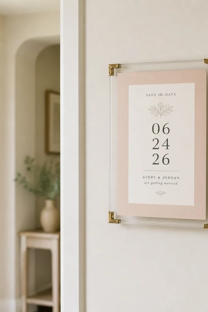 A small photo frame held on the wall with removable corner mounts. Inside is a save the date print with a blush border and dark gray date typography. The frame sits near the entry doorway.