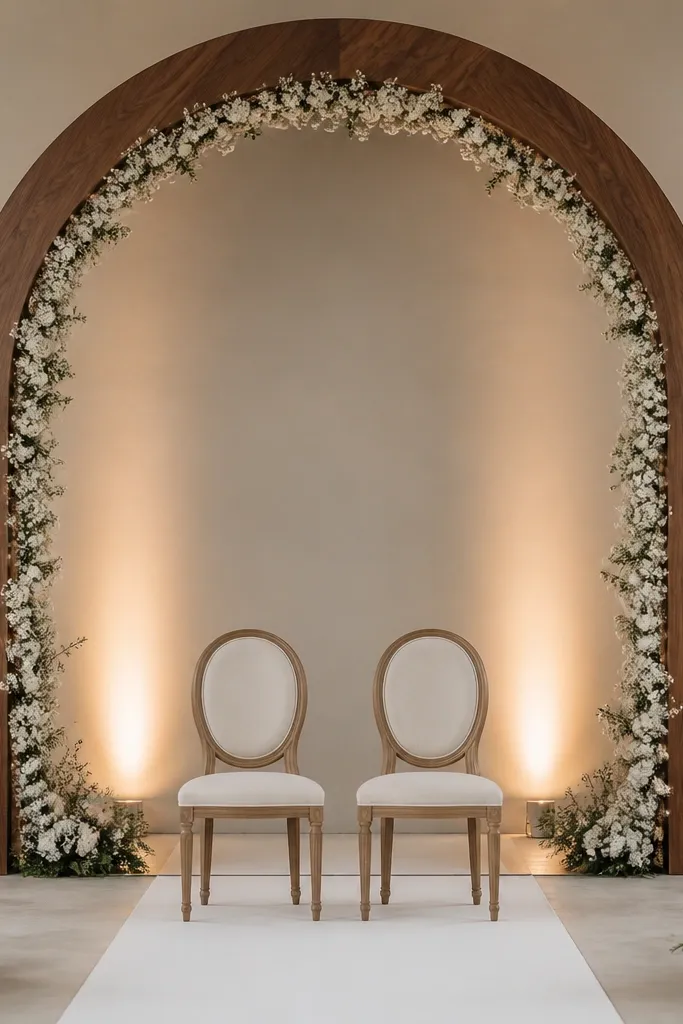 A tall wooden arch in a natural walnut tone with a minimal white floral band along the inner curve. Behind it, soft warm LED uplights wash the wall evenly. The couple's chairs sit centered under the arch with a clean white runner on the floor.