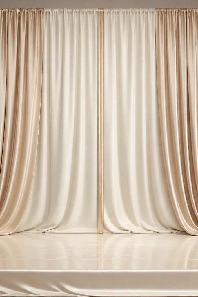 Two layers of satin drape hang from a tension rod: the outer layer is champagne and the inner layer is soft ivory. The seam is concealed behind a slim vertical strip of matching fabric. The stage floor has a satin wrap that reflects light slightly, and the backdrop looks smooth with subtle folds.