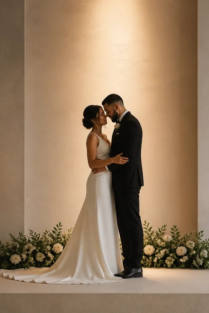 A backdrop made of matte textured panels in warm off-white. One side has a slightly darker panel tone creating depth. A warm spotlight beam hits the center, creating a soft gradient behind the couple. The stage has minimal decor: a slim floral garland and two candle clusters on stands.