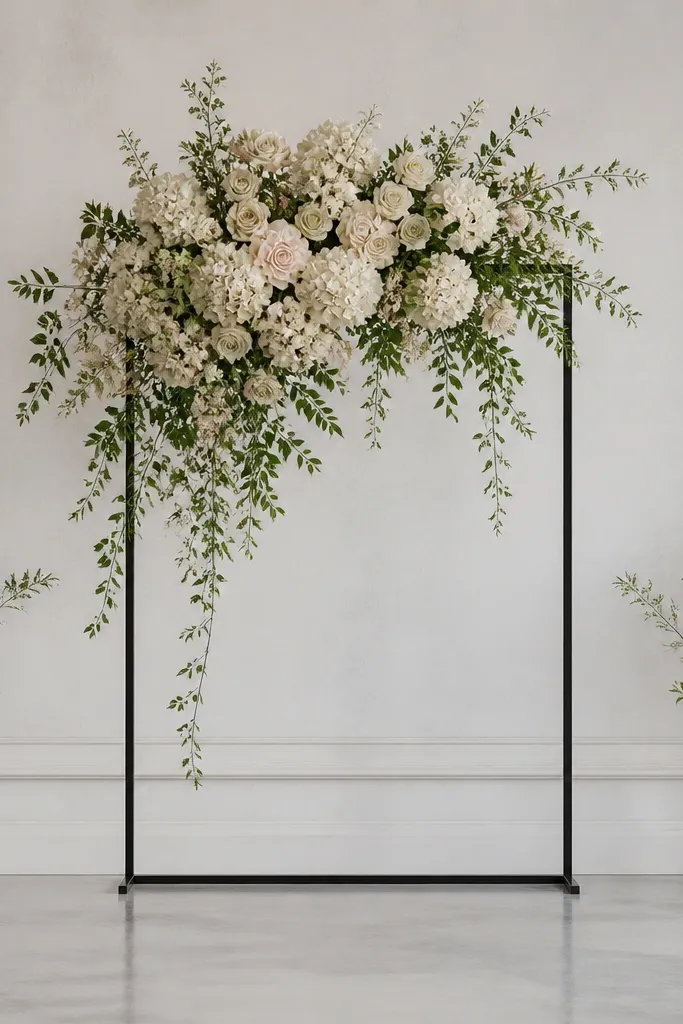 A slim black metal frame holds a single oversized cluster of ivory and pale blush flowers. The cluster sits high and slightly forward of the wall, with airy greenery trailing down. The rest of the stage is bare except for two matching side vases with greenery.
